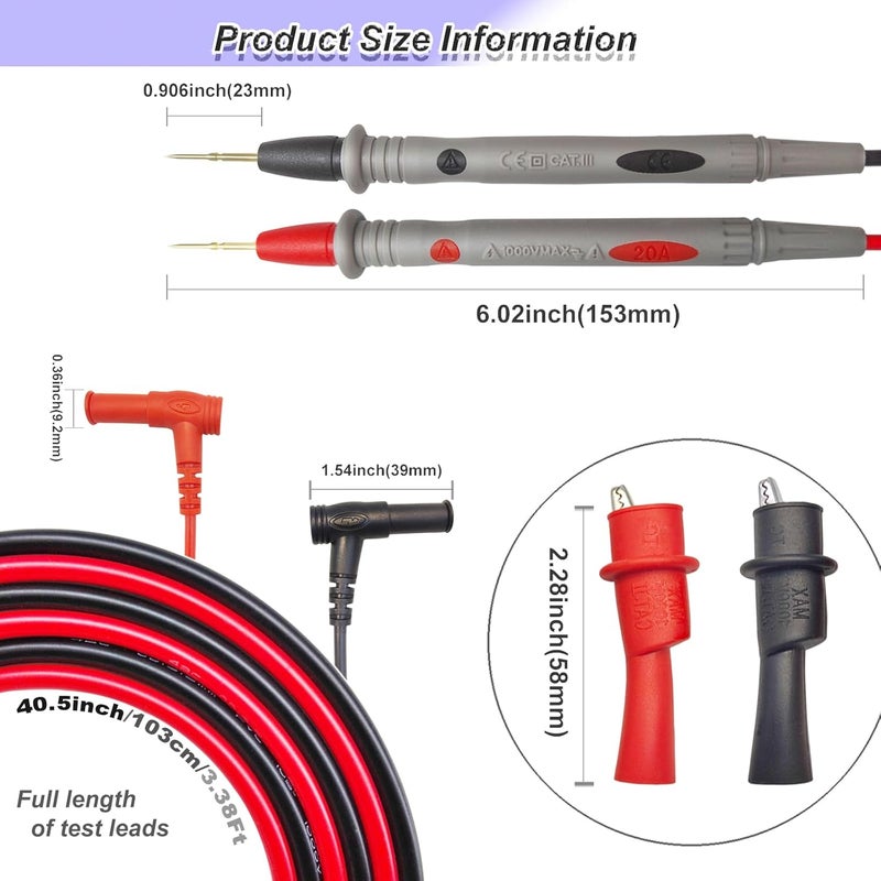 Eiranoly Professional Multimeter Test Leads 1000V 20A, 40.5in, Test Leads Kit, Ultra-Sharp Gold-Plated Probes, Silicone Meter Leads for Fluke, AstroAI, Klein Multimeter & Automotive Testing (Upgraded) - Image 2
